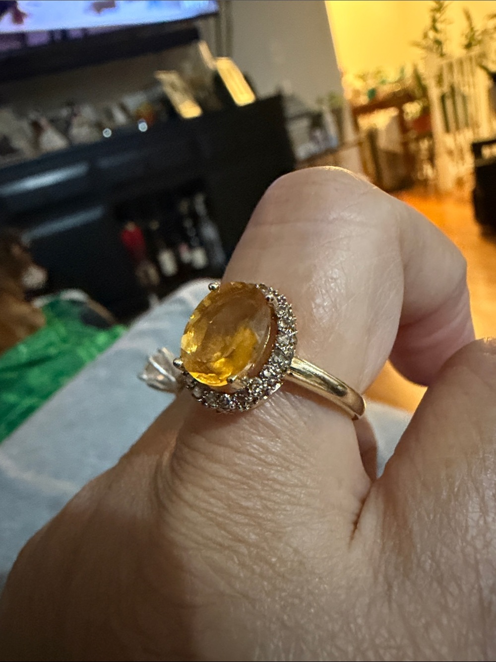 Gold-Tone Citrine Halo Ring with Sparkling Accents